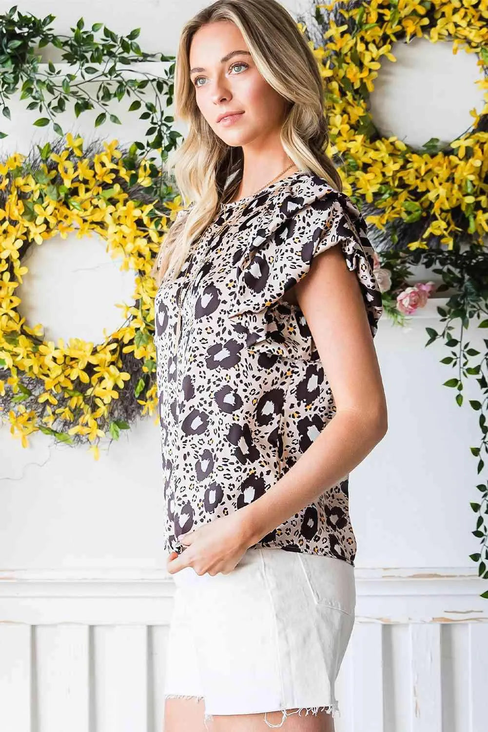 Animal Print Puff Sleeve Round Neck Blouse Blouses - Tophatter Daily Deals