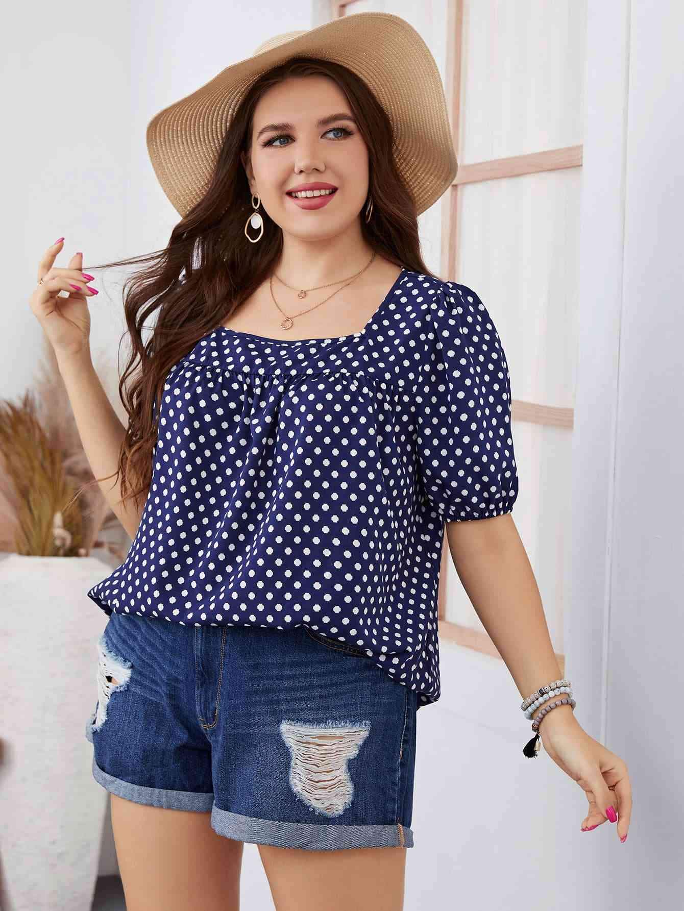 Plus Size Polka Dot Square Neck Blouse Blouses - Tophatter Daily Deals