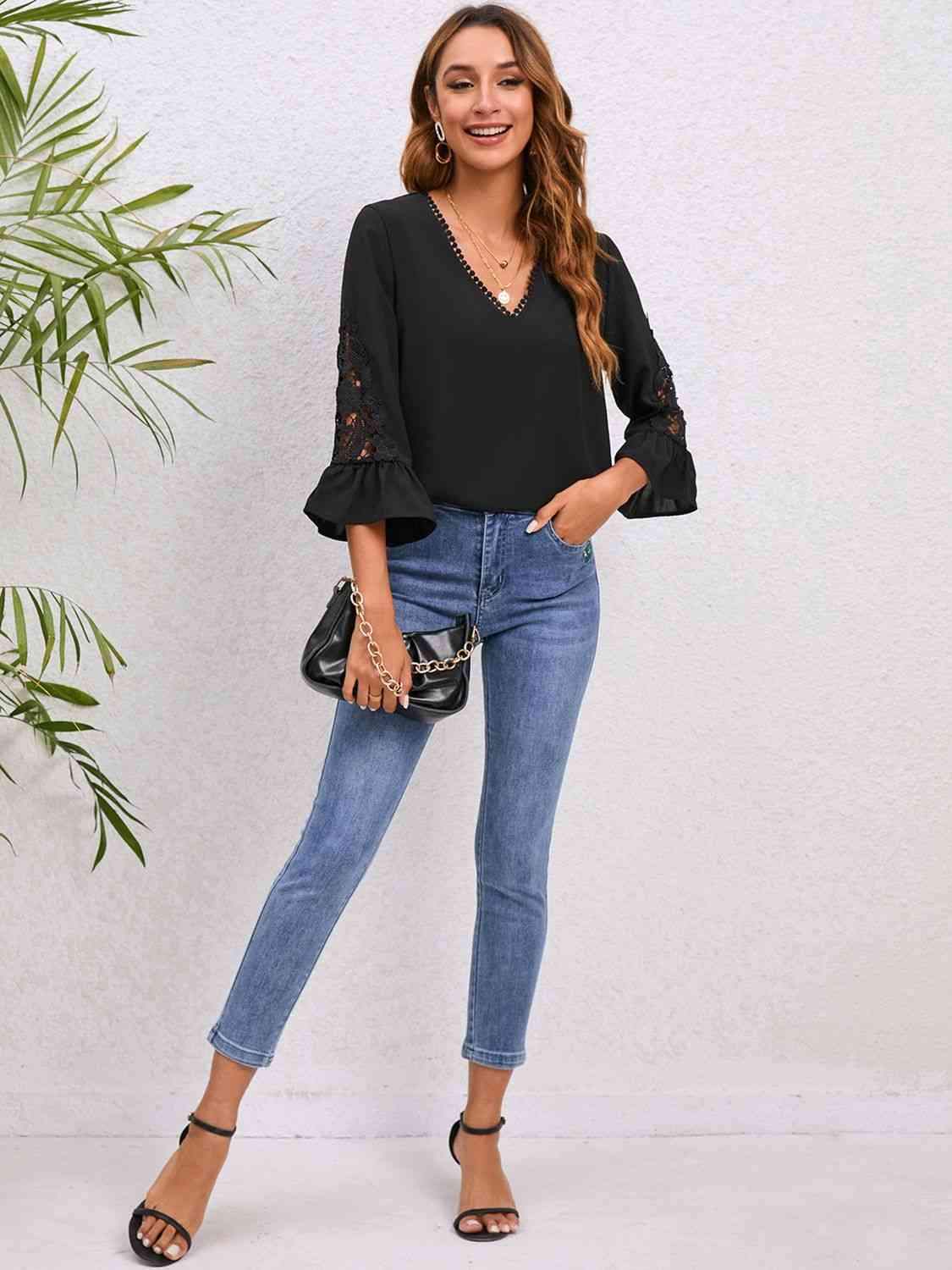 V-Neck Lace Detail Flounce Sleeve Blouse Blouses - Tophatter Daily Deals