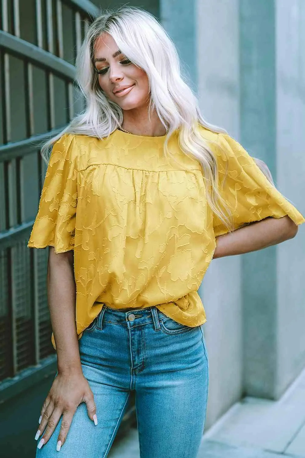 Round Neck Puff Sleeve Blouse Yellow Blouses - Tophatter Daily Deals