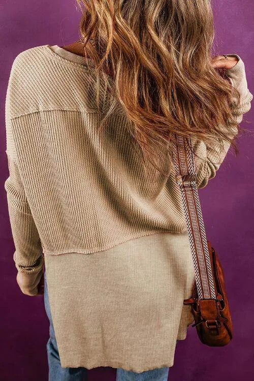 Notched Neck Long Sleeve Slit Blouse Blouses - Tophatter Daily Deals