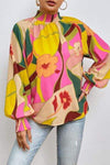 Floral Smocked Lantern Sleeve Mock Neck Blouse Blouses - Tophatter Daily Deals