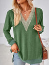 Crochet Contrast V-Neck Long Sleeve Slit T-Shirt Women's T-Shirts - Tophatter Daily Deals