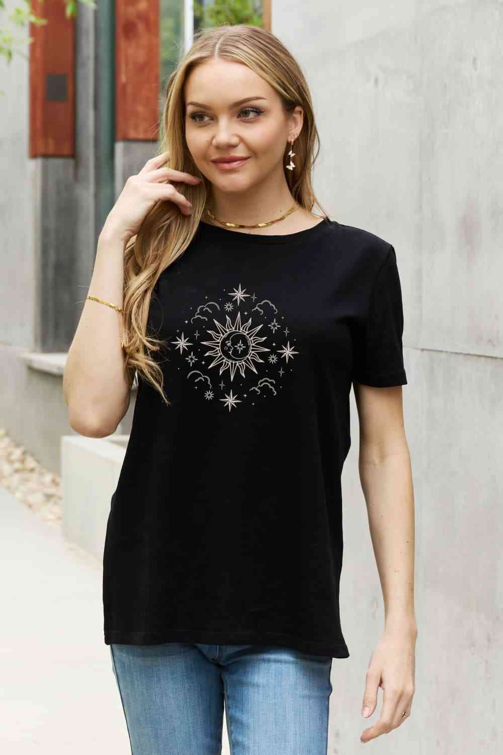 Simply Love Full Size Celestial Graphic Short Sleeve Cotton Tee Black Women's T-Shirts - Tophatter Daily Deals