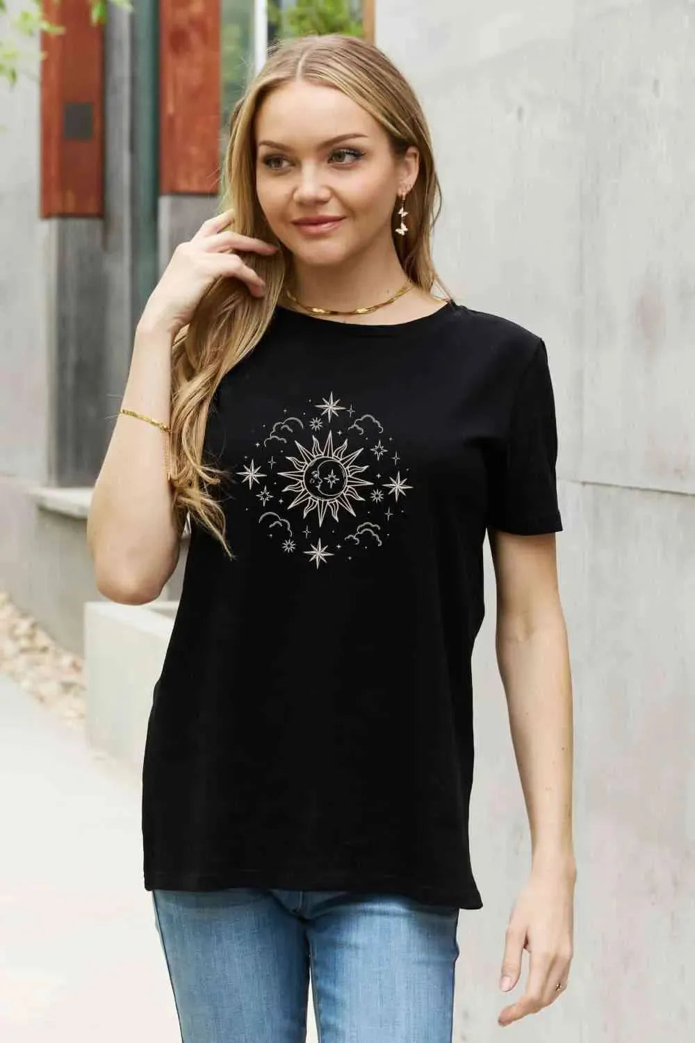 Simply Love Full Size Celestial Graphic Short Sleeve Cotton Tee Black Women's T-Shirts - Tophatter Daily Deals