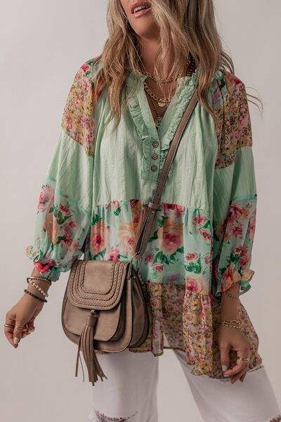 Floral Frill Trim Buttoned Notched Tiered Blouse Sage Blouses - Tophatter Daily Deals