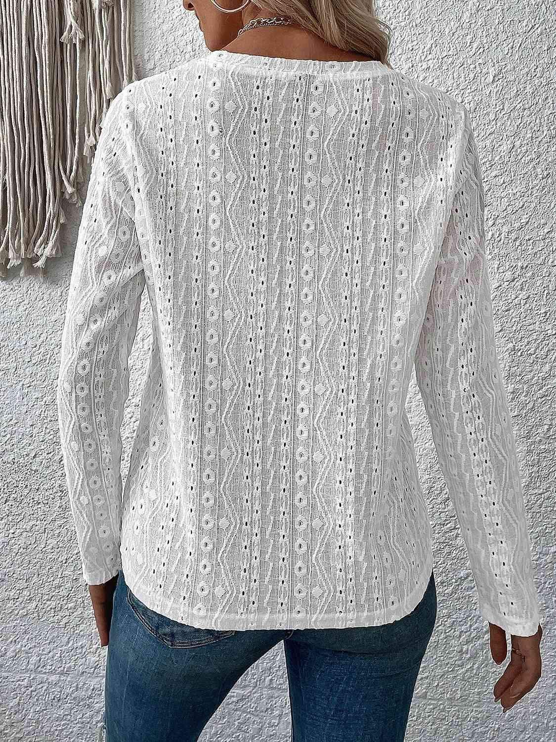 Eyelet Round Neck Long Sleeve Top Women's T-Shirts - Tophatter Daily Deals