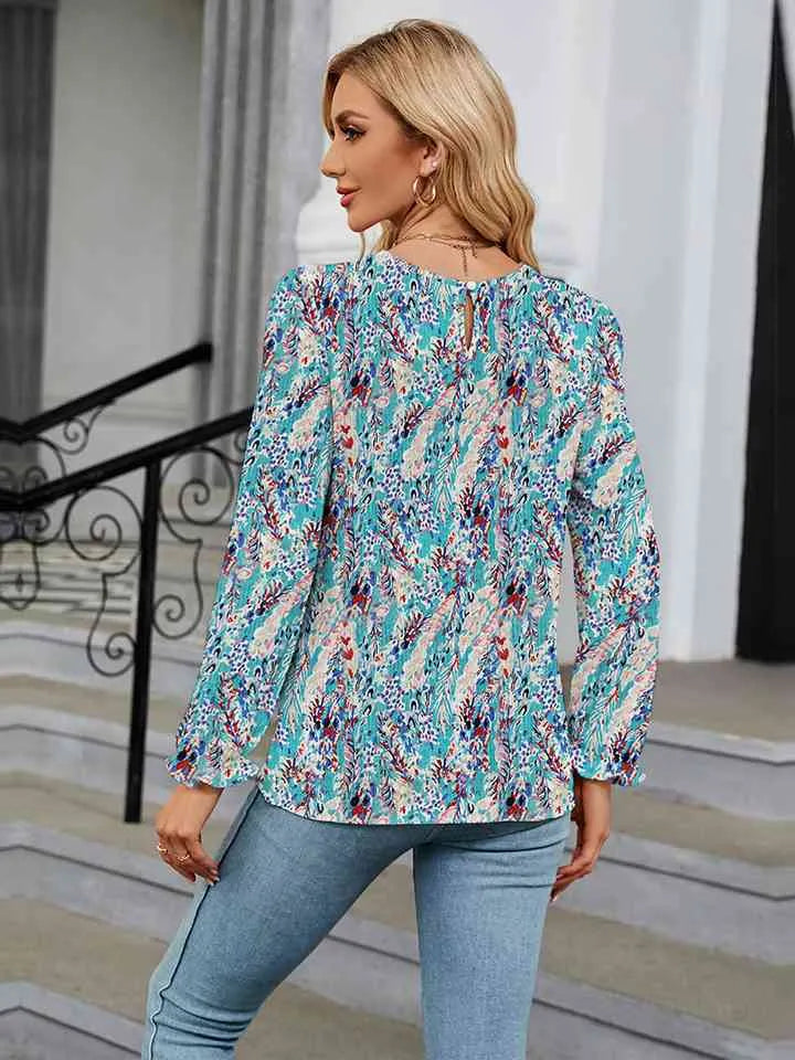 Printed Round Neck Flounce Sleeve Blouse Women's T-Shirts - Tophatter Daily Deals