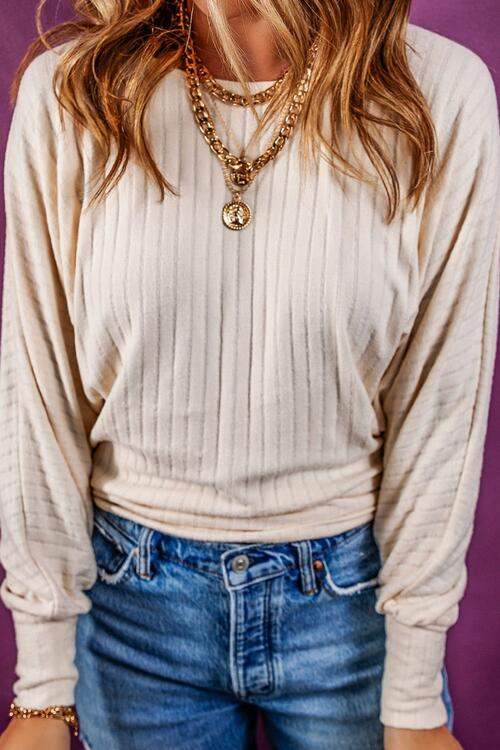 Ribbed Round Neck Long Sleeve Blouse Blouses - Tophatter Daily Deals