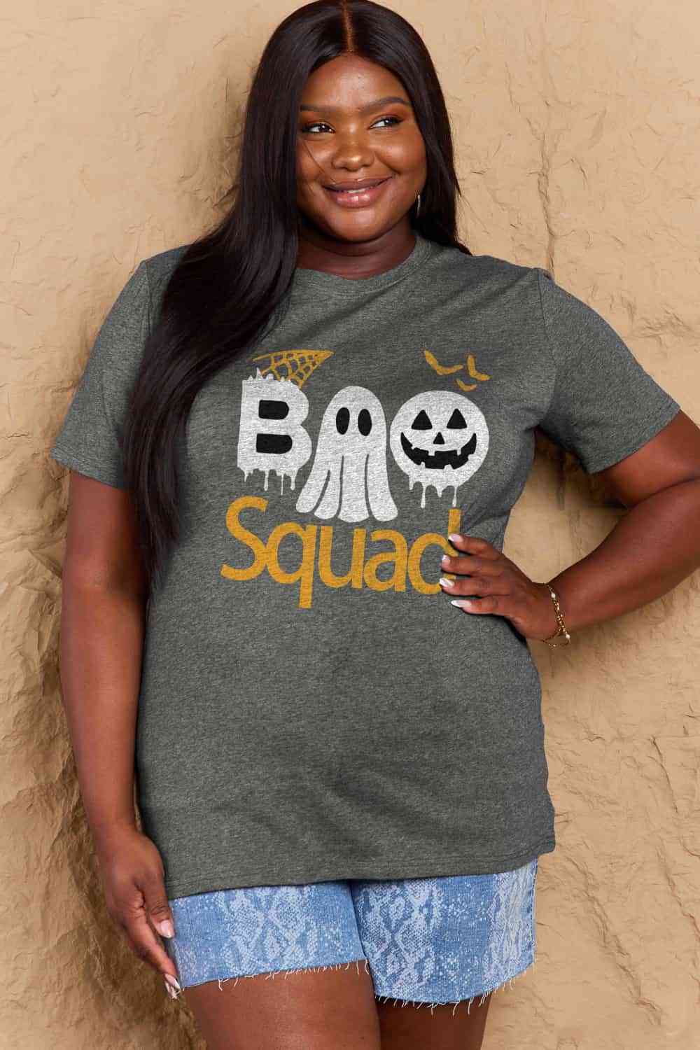 Simply Love Full Size BOO SQUAD Graphic Cotton T-Shirt Charcoal Women's T-Shirts - Tophatter Daily Deals