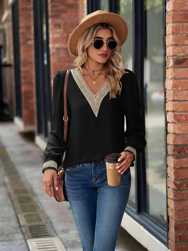 V-Neck Long Sleeve Blouse Black Blouses - Tophatter Daily Deals
