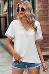 Openwork V-Neck Short Sleeve T-Shirt White Women's T-Shirts - Tophatter Daily Deals