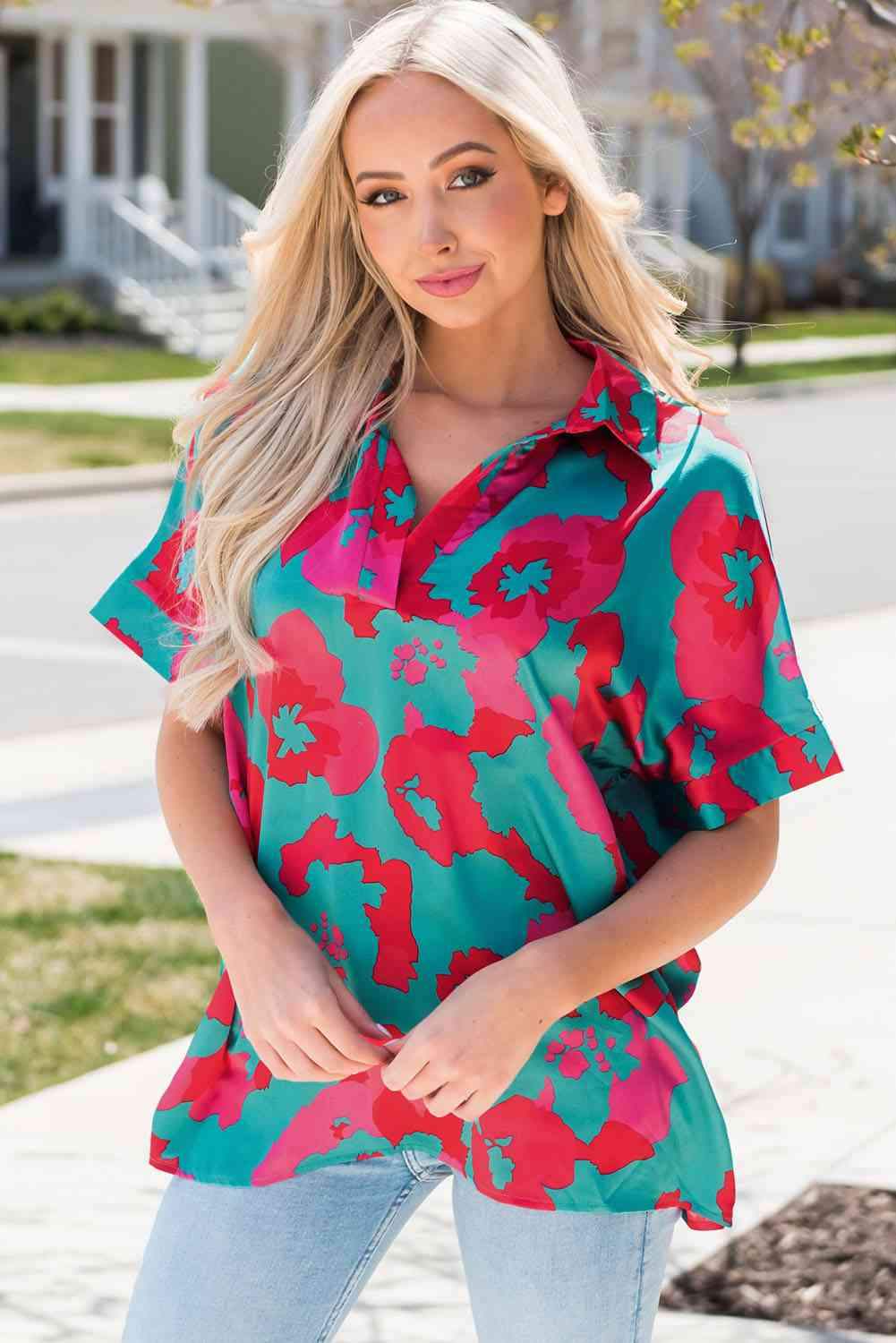 Printed Johnny Collar Short Sleeve Top Blouses - Tophatter Daily Deals