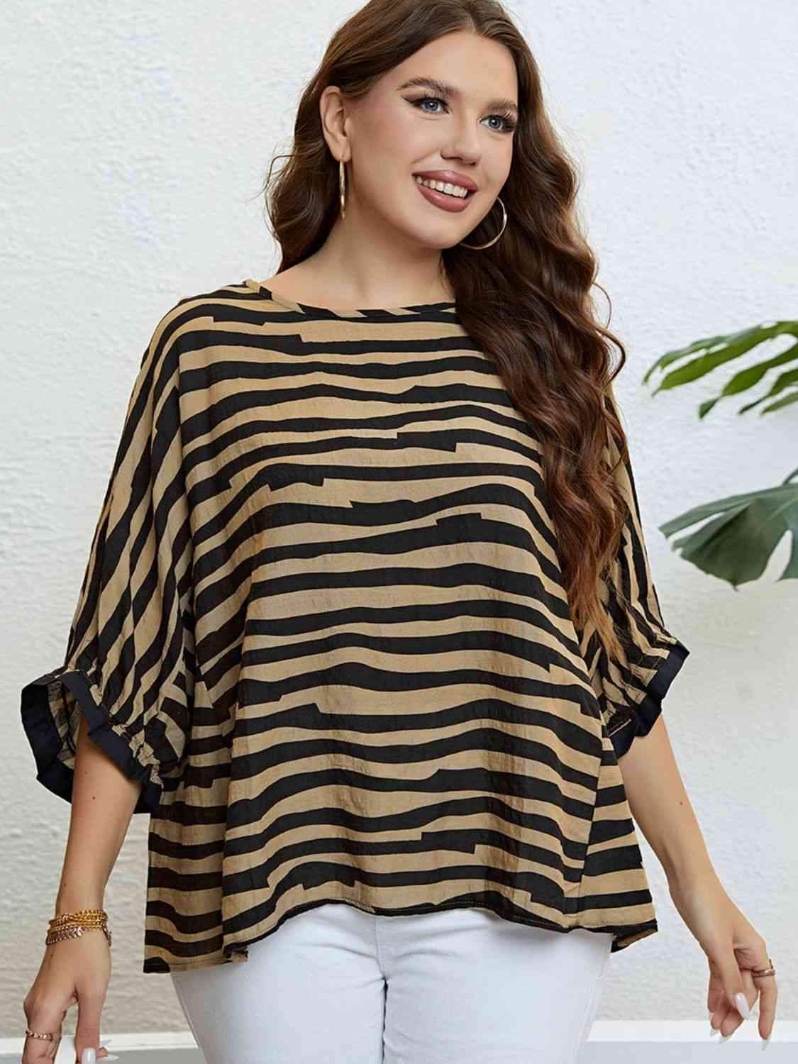 Plus Size Striped Three-Quarter Sleeve Boat Neck Top Stripe Blouses - Tophatter Daily Deals