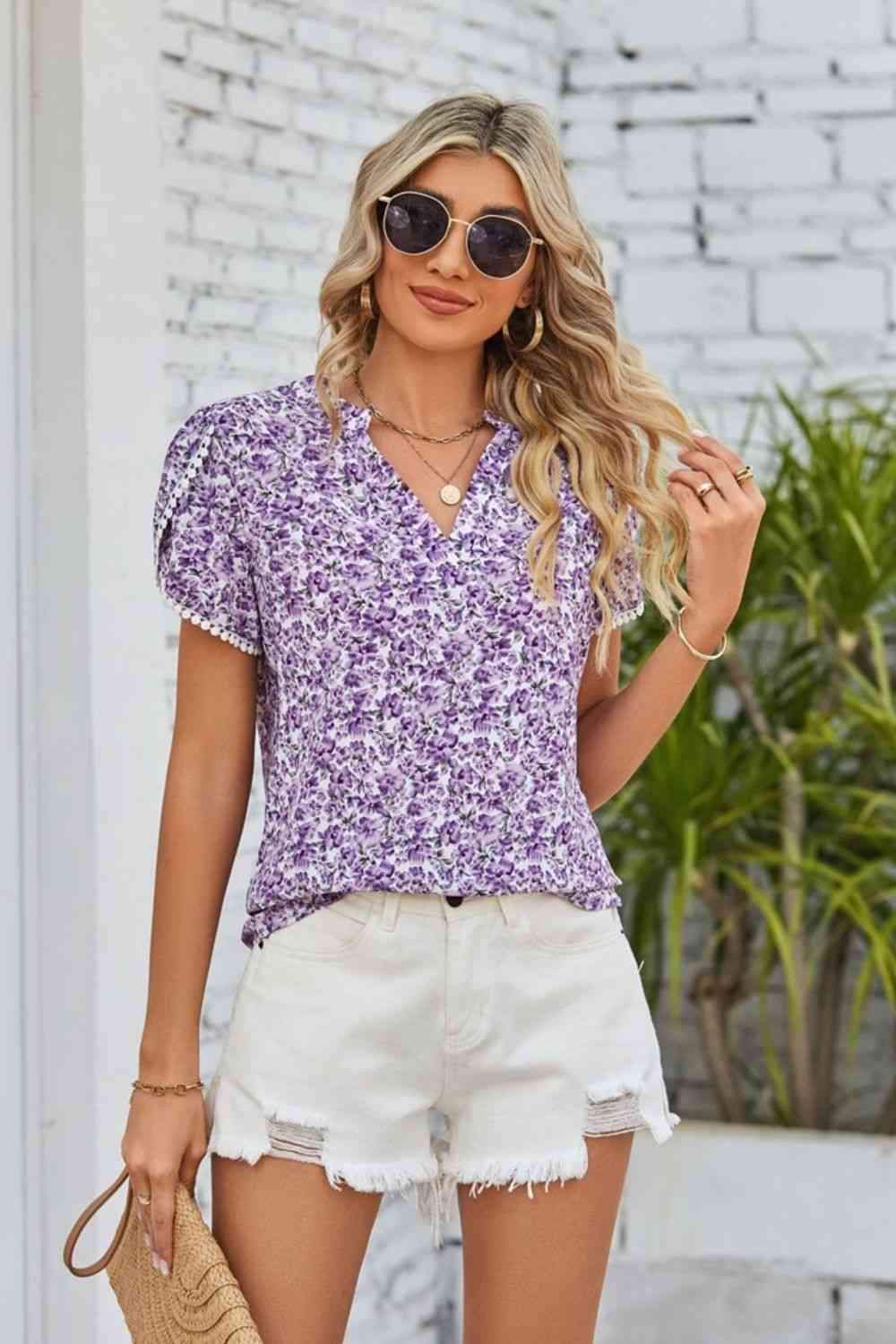 Floral Notched Neck Blouse Lilac Blouses - Tophatter Daily Deals