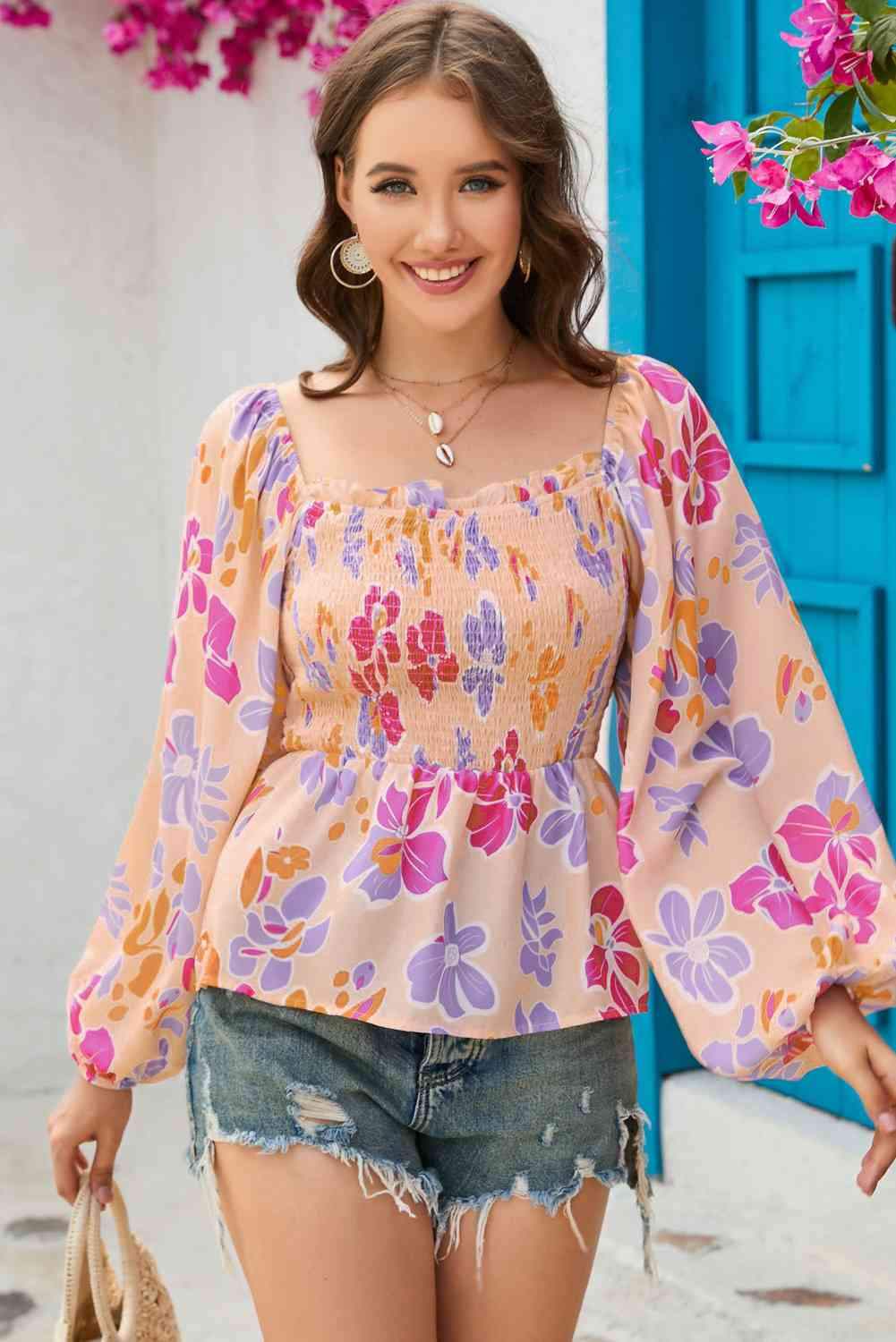 Floral Square Neck Smocked Blouse Blouses - Tophatter Daily Deals