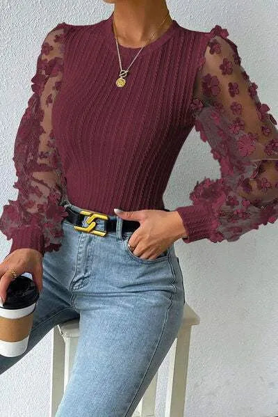 Double Take Textured Applique Long Sleeve Blouse Wine Blouses - Tophatter Daily Deals