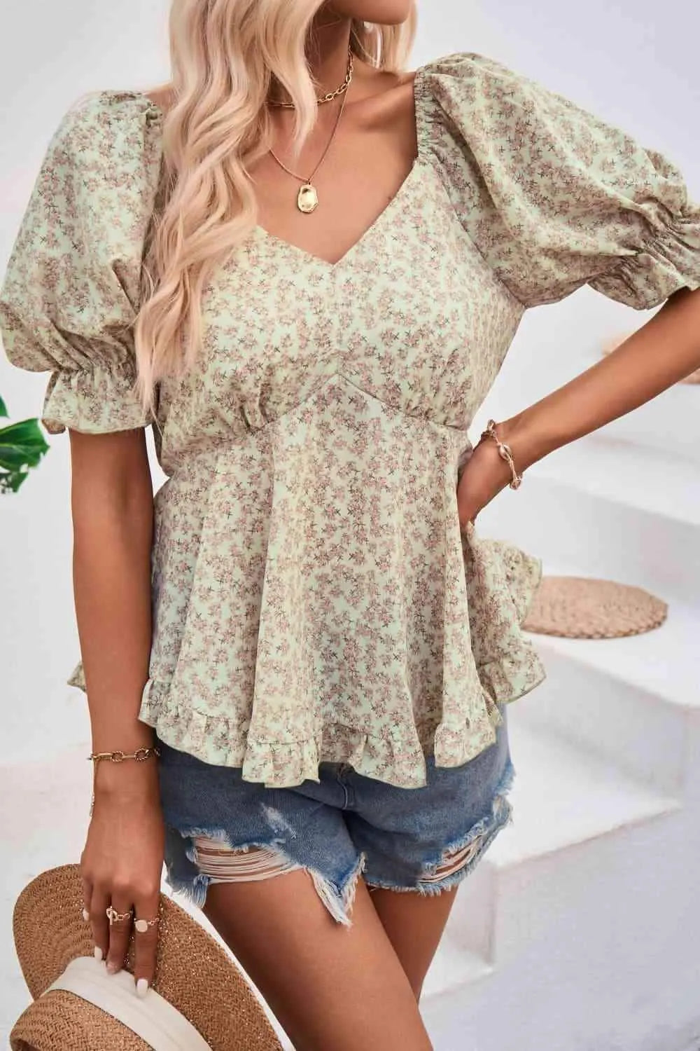 V-Neck Flounce Sleeve Blouse Light Green Blouses - Tophatter Daily Deals