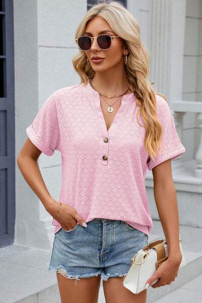 Eyelet Notched Short Sleeve T-Shirt Blush Pink Women's T-Shirts - Tophatter Daily Deals