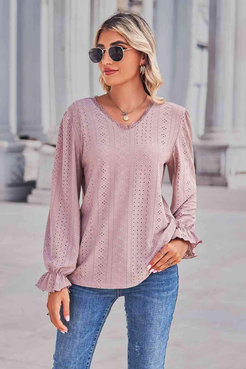 Lace Trim V-Neck Flounce Sleeve Top Blouses - Tophatter Daily Deals