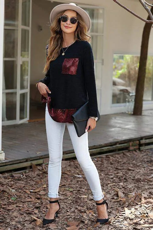 Sequin Patch Pocket Ruffle Hem Top Blouses - Tophatter Daily Deals