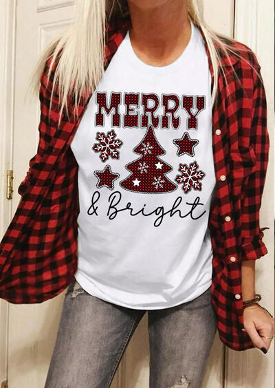 MERRY & BRIGHT Round Neck Short Sleeve T-Shirt White Women's T-Shirts - Tophatter Daily Deals