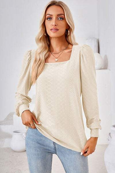 Square Neck Puff Sleeve T-Shirt Ivory Women's T-Shirts - Tophatter Daily Deals