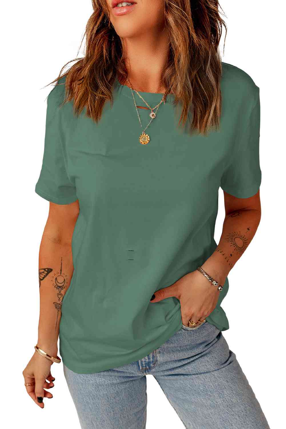 Distressed Round Neck Tee Black Forest Women's T-Shirts - Tophatter Daily Deals