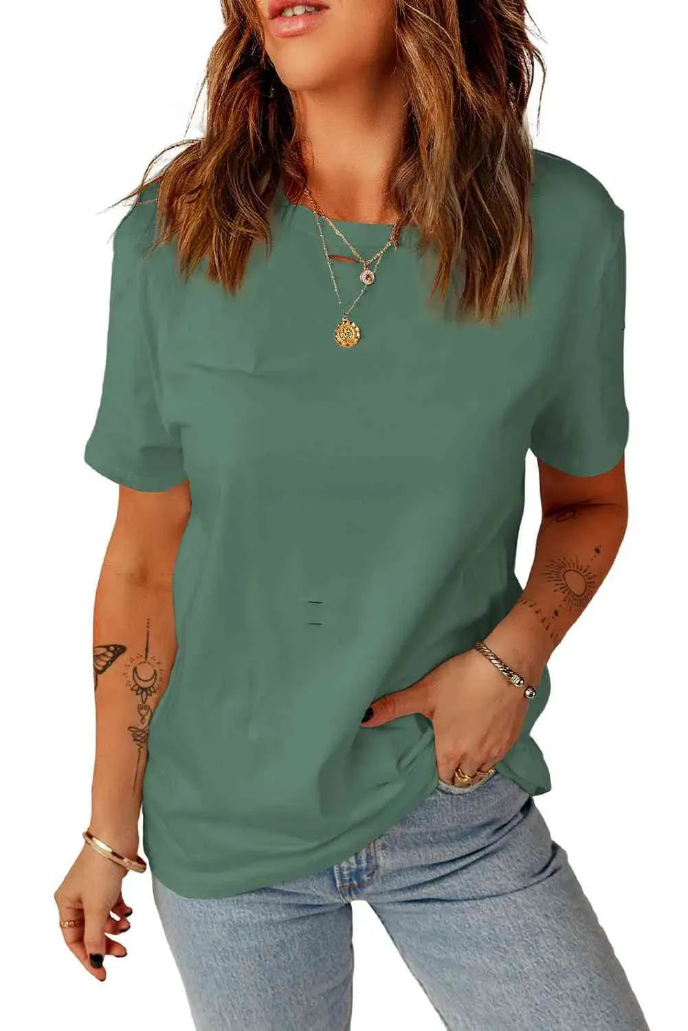 Distressed Round Neck Tee Black Forest Women's T-Shirts - Tophatter Daily Deals