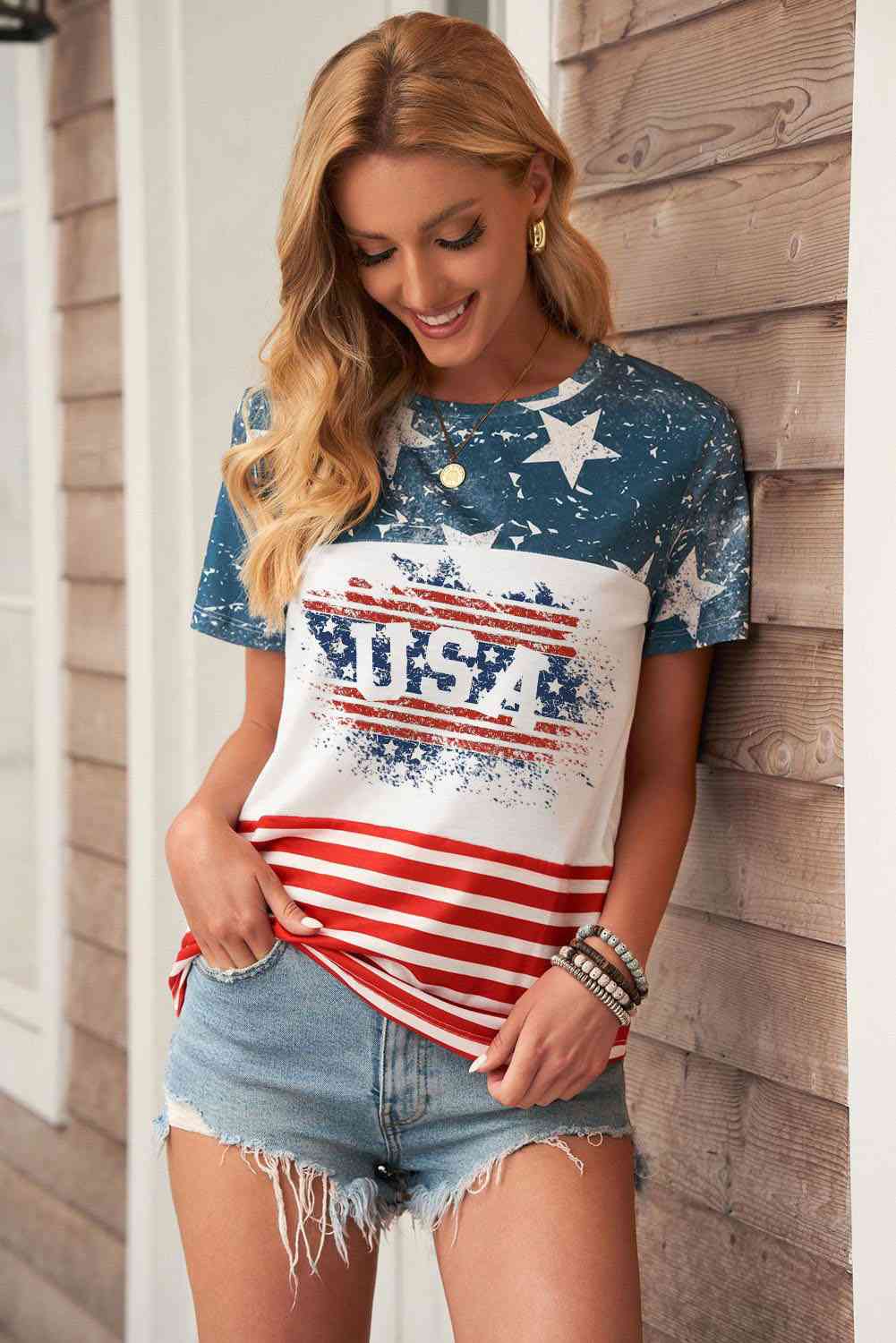 Stars and Stripes Color Block T-Shirt Multicolor Women's T-Shirts - Tophatter Daily Deals