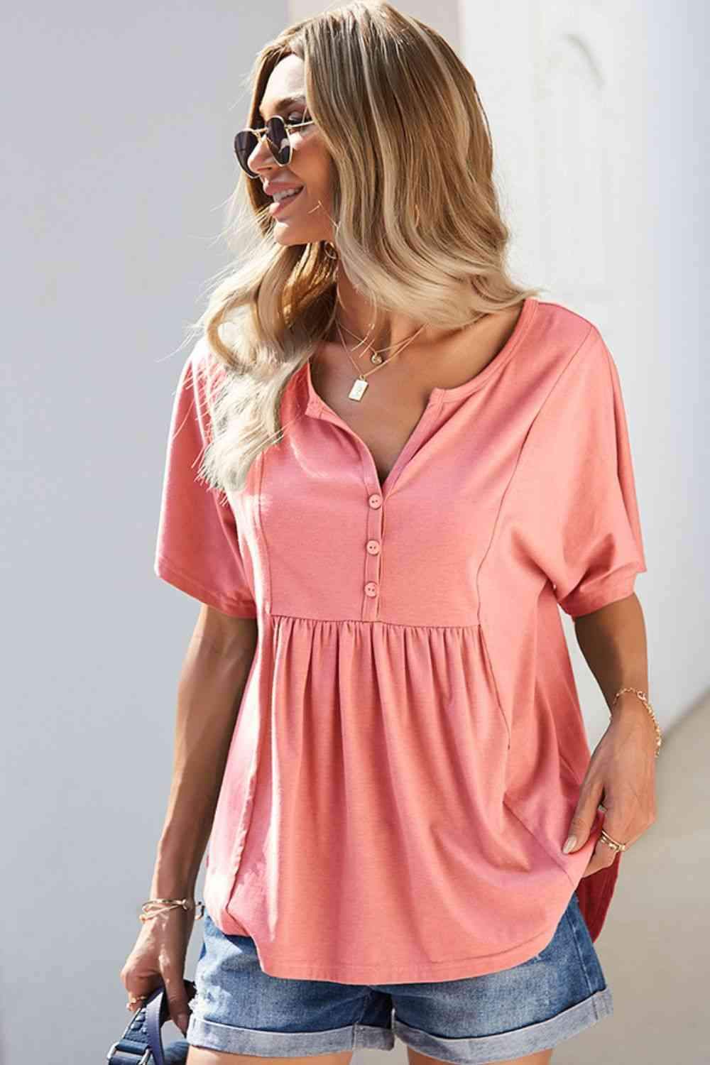 Double Take Buttoned Notched Neck Short Sleeve Top Blouses - Tophatter Daily Deals