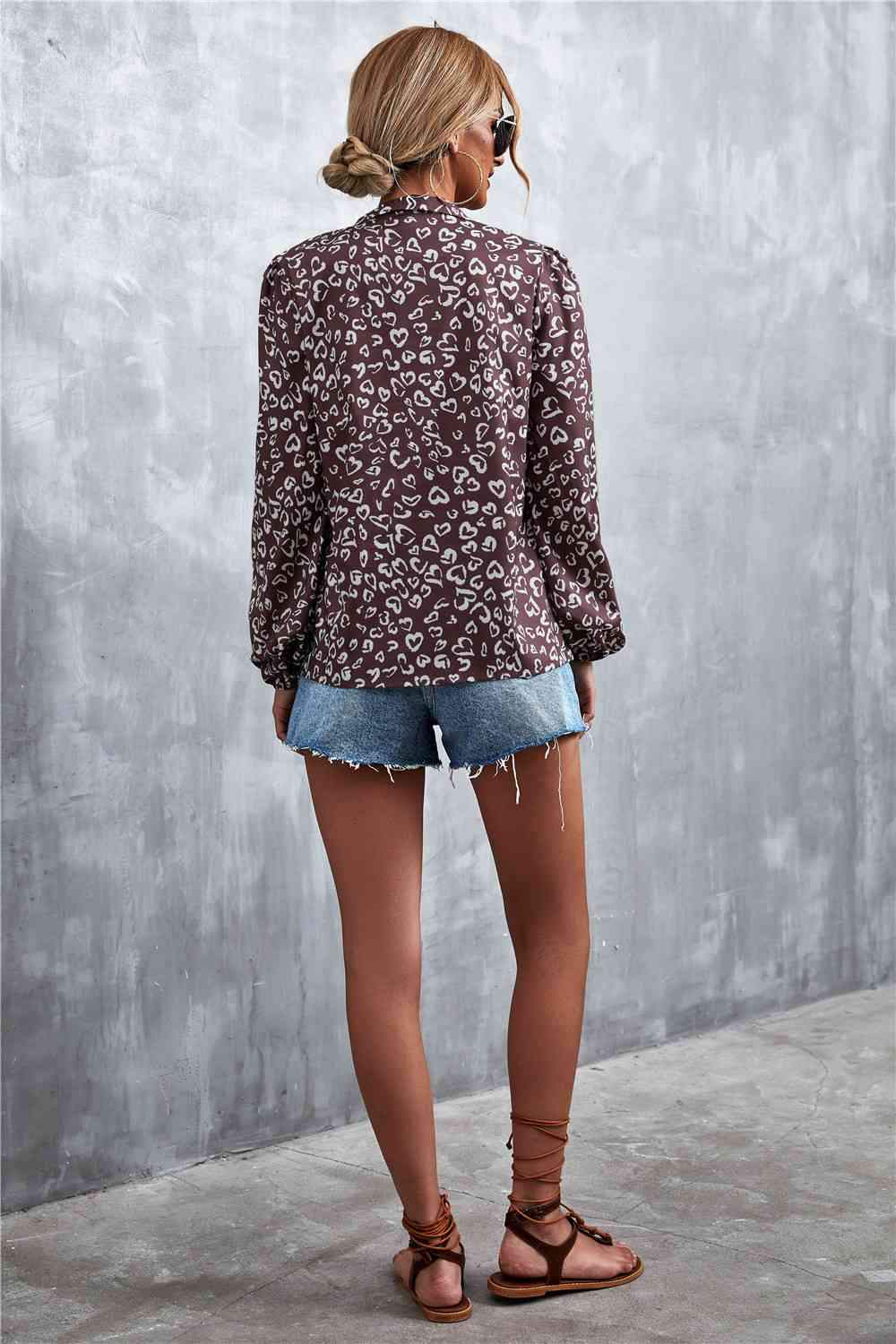 Printed Tie Neck Puff Sleeve Blouse Blouses - Tophatter Daily Deals