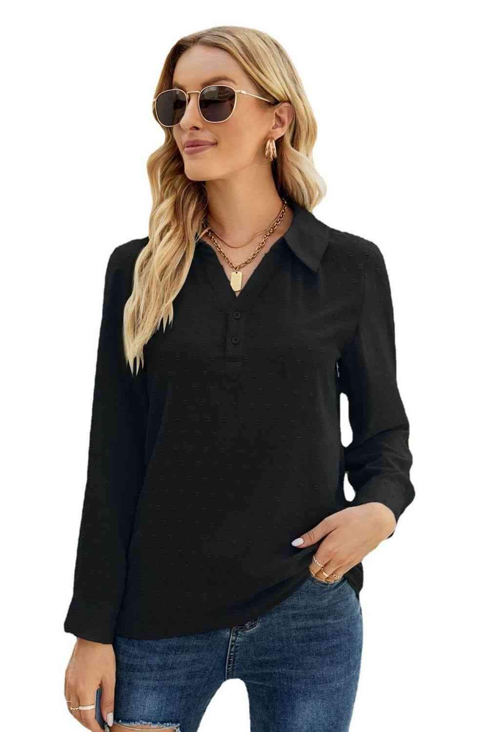 Swiss Dot Johnny Collar Blouse Blouses - Tophatter Daily Deals