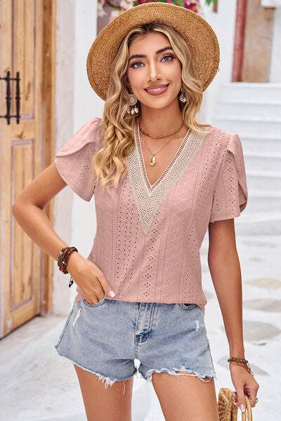 Eyelet V-Neck Petal Sleeve T-Shirt Light Mauve Women's T-Shirts - Tophatter Daily Deals