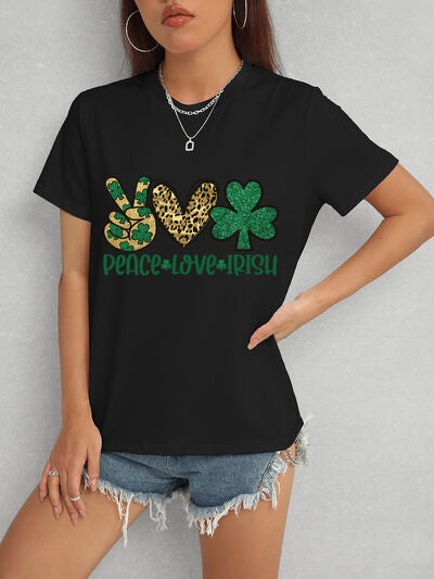 PEACE LOVE IRISH Round Neck Short Sleeve T-Shirt Black Women's T-Shirts - Tophatter Daily Deals