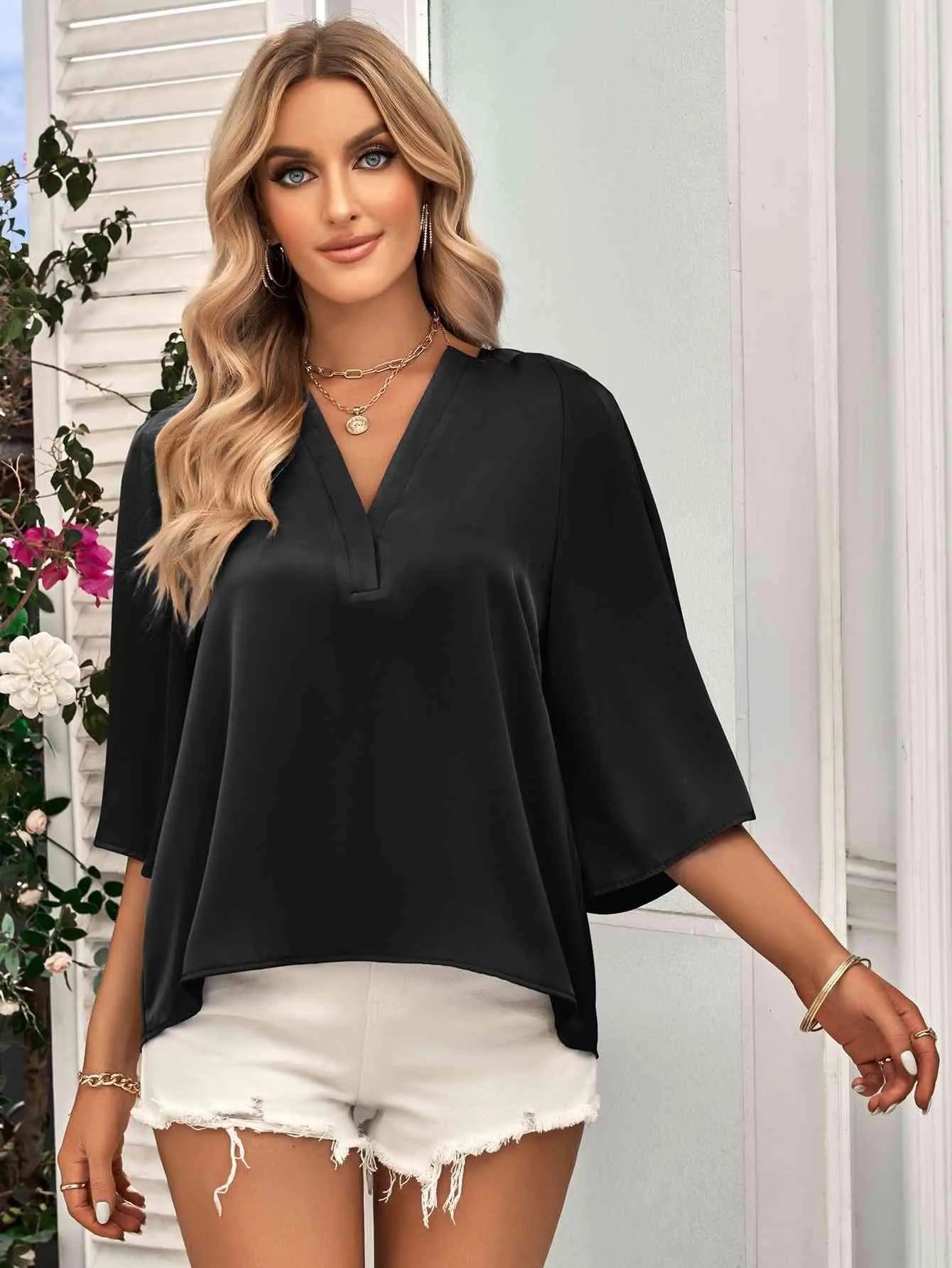 Three-Quarter Flare Sleeve V-Neck Blouse Black Blouses - Tophatter Daily Deals