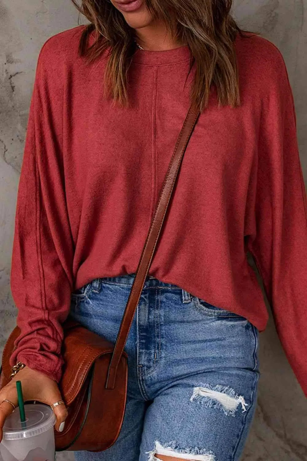 Seam Detail Round Neck Long Sleeve Top Women's T-Shirts - Tophatter Daily Deals