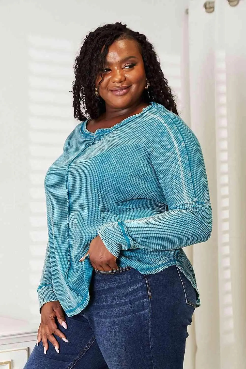 Zenana Full Size Washed Baby Waffle Oversized Long Sleeve Top Blouses - Tophatter Daily Deals