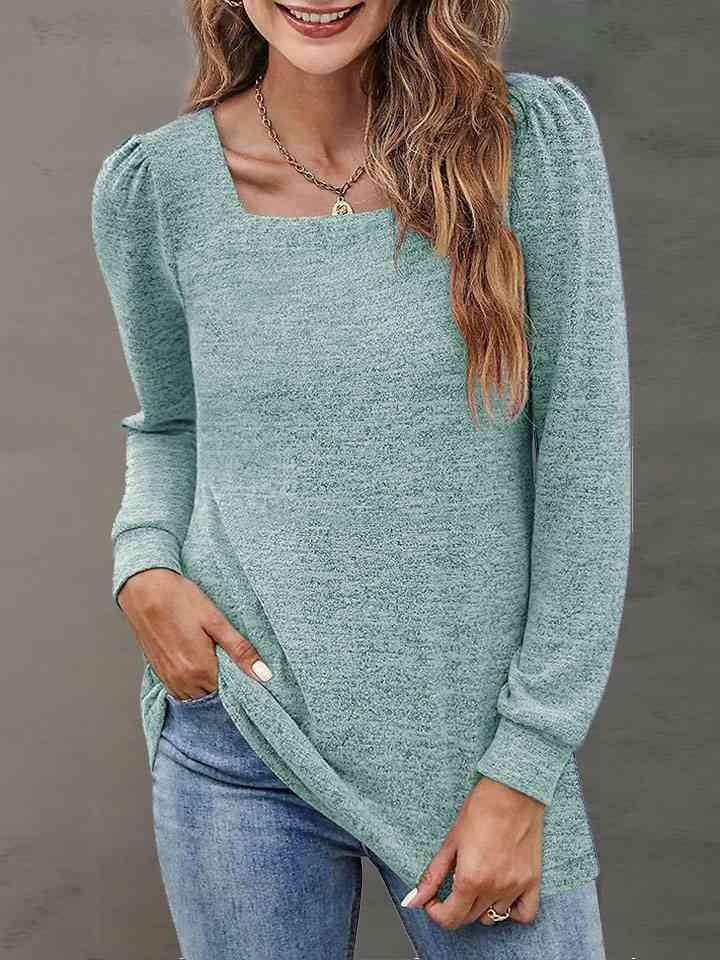 Heathered Square Neck Long Sleeve T-Shirt Gum Leaf Women's T-Shirts - Tophatter Daily Deals