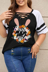 Plus Size HOPPY EASTER Graphic Crisscross V-Neck Tee Women's T-Shirts - Tophatter Daily Deals