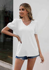 V-Neck Decorative Buttons Puff Sleeve Tee Women's T-Shirts - Tophatter Daily Deals