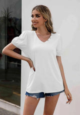 V-Neck Decorative Buttons Puff Sleeve Tee Women's T-Shirts - Tophatter Daily Deals