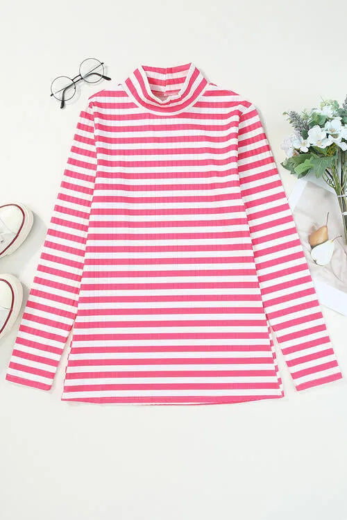 Double Take Striped Mock Neck Long Sleeve Top Blouses - Tophatter Daily Deals