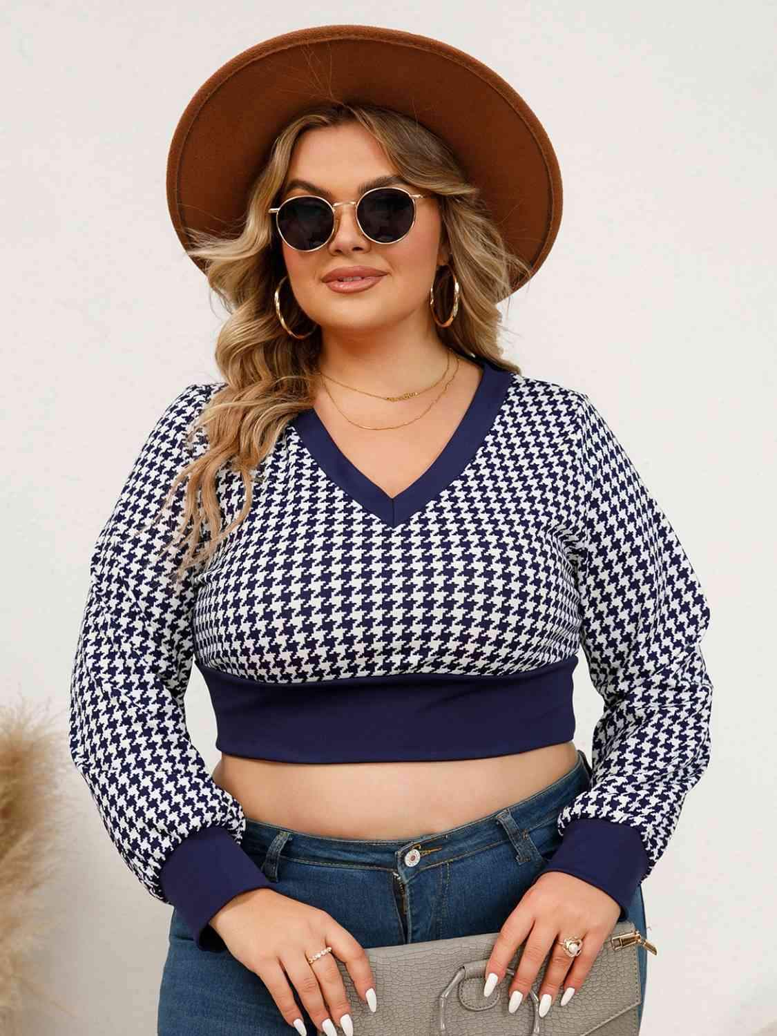 Plus Size Houndstooth V-Neck Long Sleeve Blouse Navy Blouses - Tophatter Daily Deals