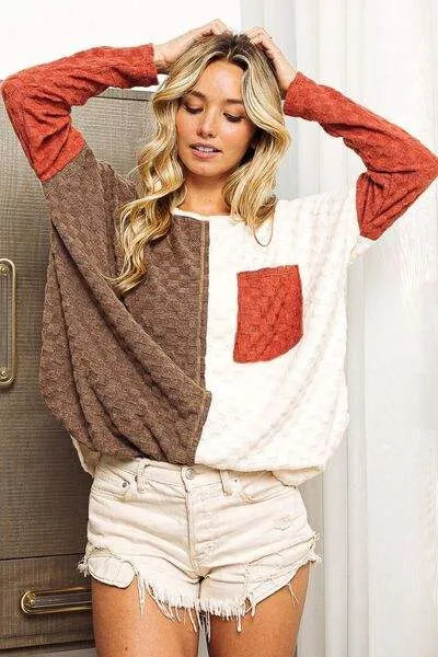 BiBi Color Block Brushed Checker Top Blouses - Tophatter Daily Deals