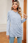 Round Neck Puff Sleeve T-Shirt Misty Blue Women's T-Shirts - Tophatter Daily Deals