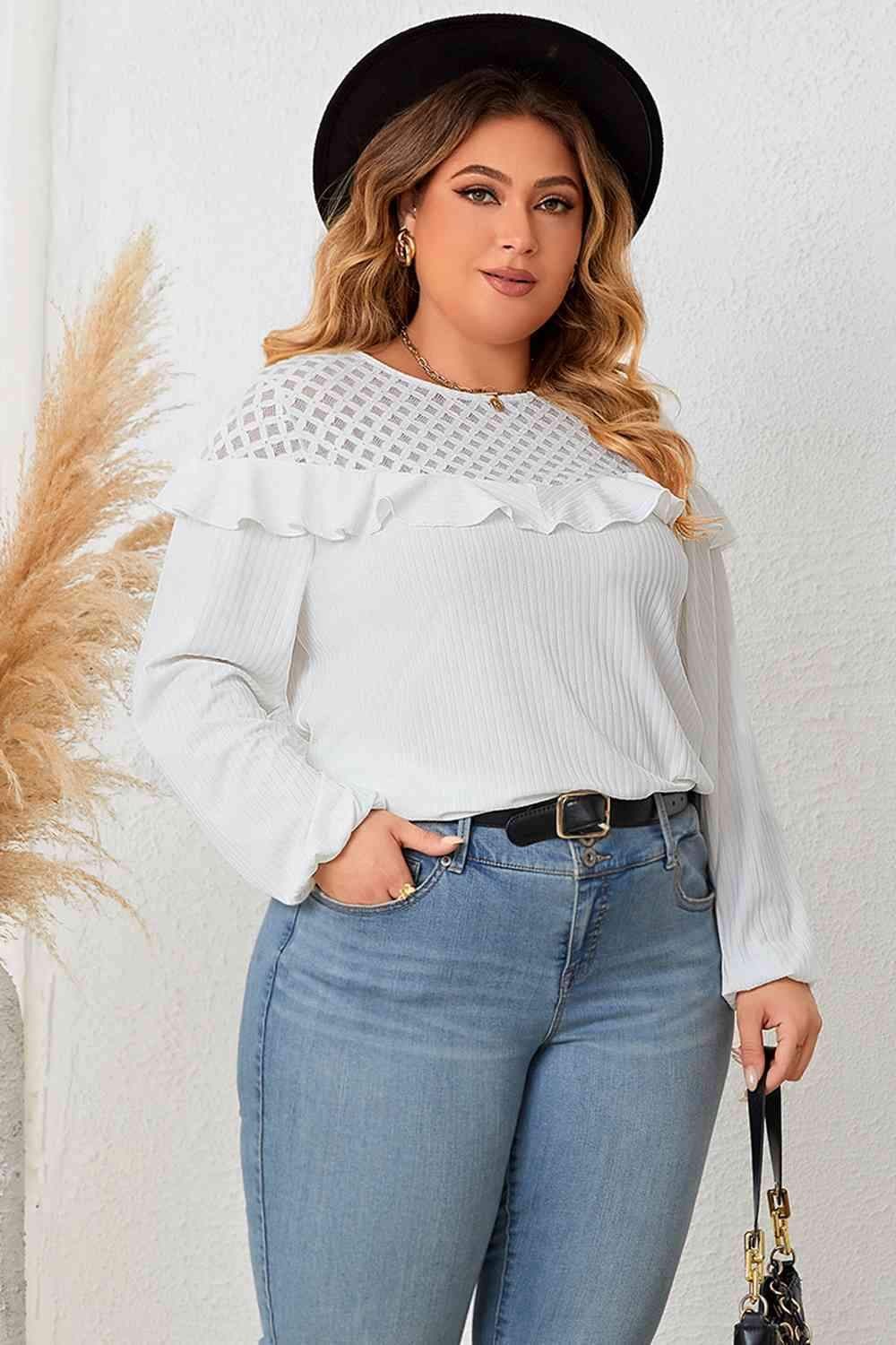 Plus Size Ruffled Round Neck Long Sleeve Blouse Blouses - Tophatter Daily Deals