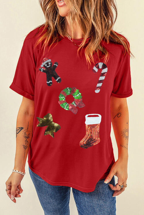 Sequin Christmas Element Short Sleeve T-Shirt Deep Red Women's T-Shirts - Tophatter Daily Deals