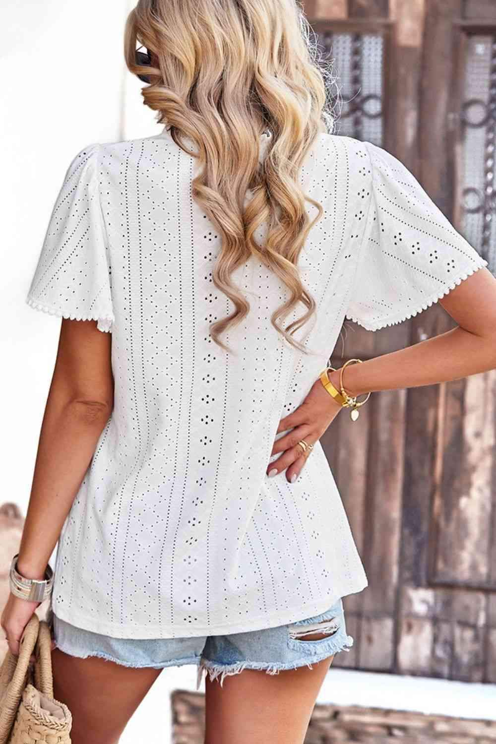 Frill Trim Round Neck Eyelet Puff Sleeve Blouse Blouses - Tophatter Daily Deals