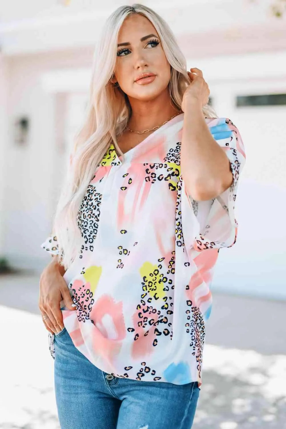 Mixed Print V-Neck Half Sleeve Top Blouses - Tophatter Daily Deals